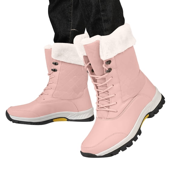 Hiking Snow Boots for Women Waterproof High Top Lace up Thickened Warm Plush Lace up Winter Outdoor Antislip Mid Calf Booties Pink Size 9.5