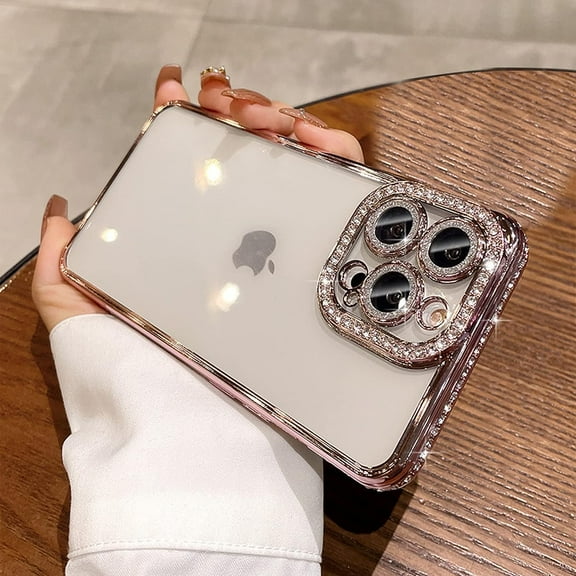 for iPhone 13 Case Plating Electroplate with Bling Glitter Sparkle Diamond Camera Lens Edge Cover Crystal Clear & Matte Luxury Elegant Bumper Shockproof Case for Girls Women -Pink