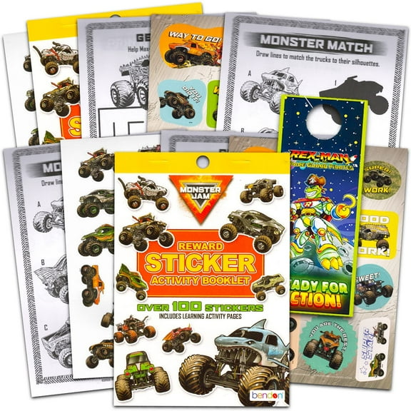 Monster Jam Sticker Book Pack ~ Bundle with Over 200 Monster Jam Monster Truck Reward Stickers with Door Hanger (Monster Jam Sticker Sheets Party Favors for Kids)