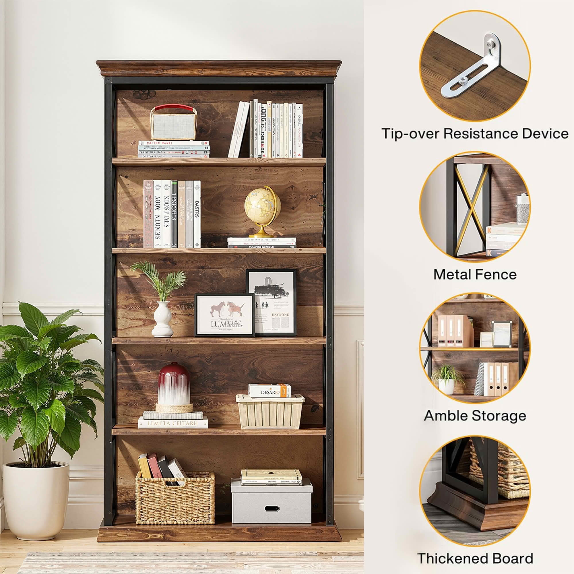 MAYEERTY 70.87" 6-Tier Bookshelf, Metal Wood Etagere Bookcase with X-Shaped Frame, Heavy Duty Storage Display Rack for Home Office Bedroom