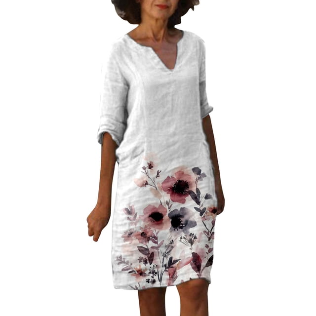 SMihono Robe d'Été Bohème pour Femmes Grande Taille Mode Féminine Col en V Manches Mi-Longues Robe Pull Imprimée
