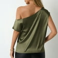 thumbnail image 4 of Women's Silk Satin Tops 2025 Elegant Off The Shoulder Blouse Dressy Solid Short Sleeve Ruched Tunic Shirts, 4 of 4