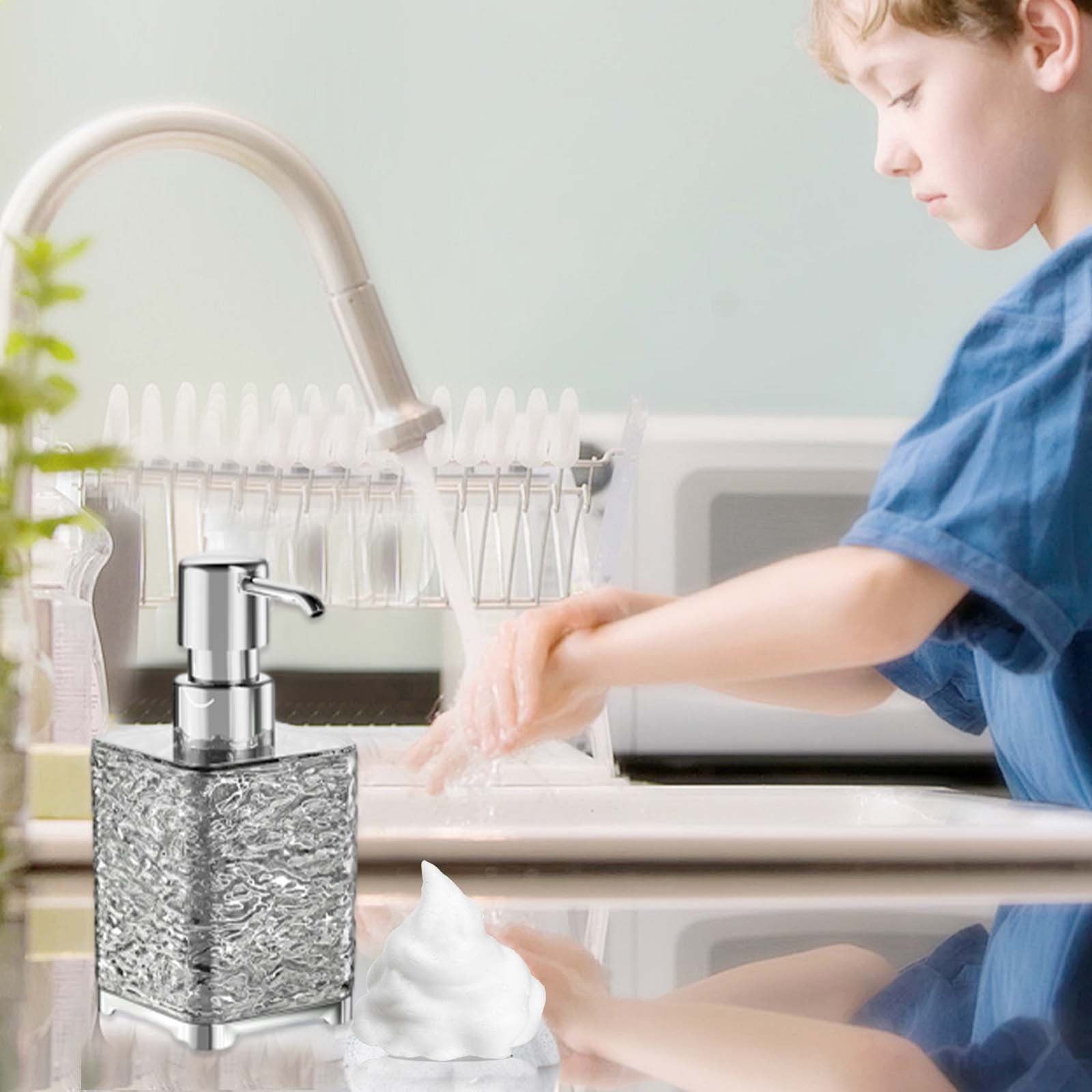 Glass Foaming Soap Dispenser with Silver Pump, Vintage-Inspired Modern Glass Refillable Bottle for Bathroom Vanity Countertop and Kitchen