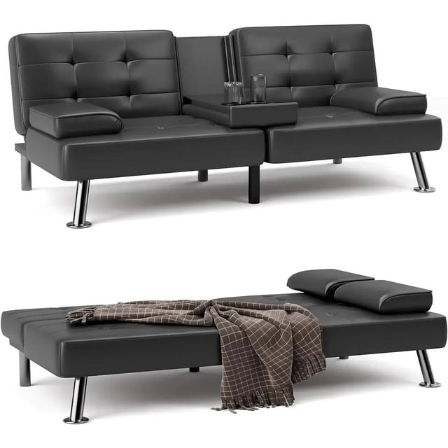 Shahoo Convertible Folding Futon Sofa Bed Sleeper Couch for Living Room Faux Leather Upholstered Loveseat My Lux Decor Round