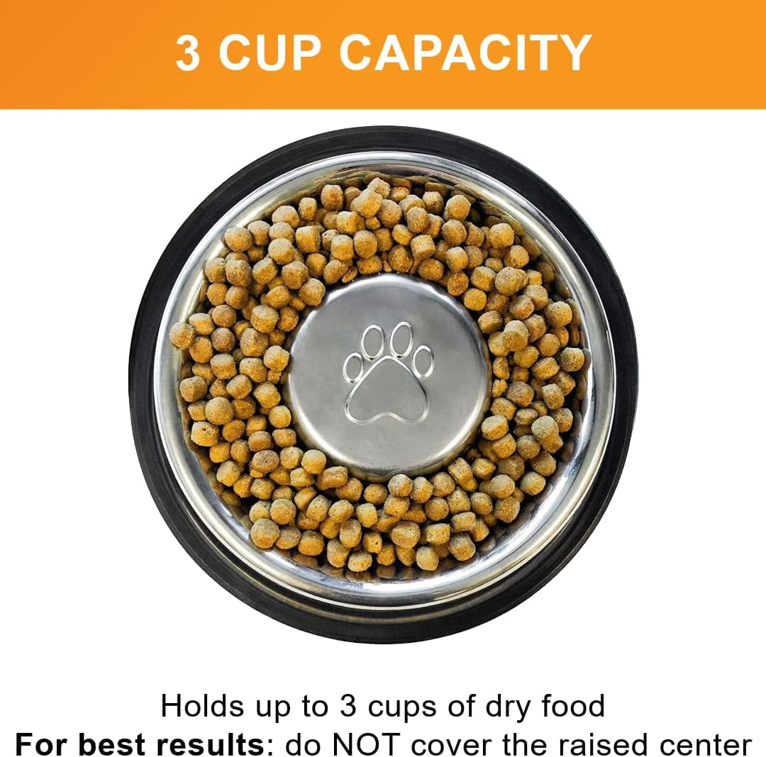 Stainless Steel Slow Feed Bowl - Non-Tip & Non-Skid - Stops Dog Food Gulping, Bloat, Indigestion, and Rapid Eating (3 Cup)