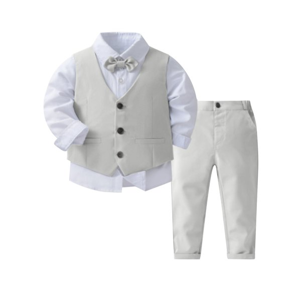 CPNG Toddler Baby Boys Toddler Gentleman Kids Dress Outfits Long Sleeve Suit Clothing Shirt Vest Pant Bow Tie Baby Set(Grey,18-24 Months)