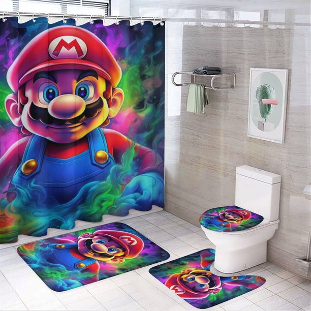 Juego de 4 cortinas de ducha de Mario con alfombrillas antideslizantes, tapa de inodoro y alfombrilla de baño, cortina de ducha impermeable con decoración de dibujos animados para baño con 12