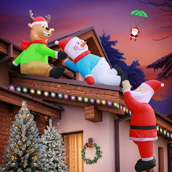 DomKom 8FT Christmas Inflatables Santa Claus With Snowman And Reindeer Blow Up Yard Decoration On Roof, Outdoor Built-in LED Lights Party Lawn Holiday Winter Decor Outside