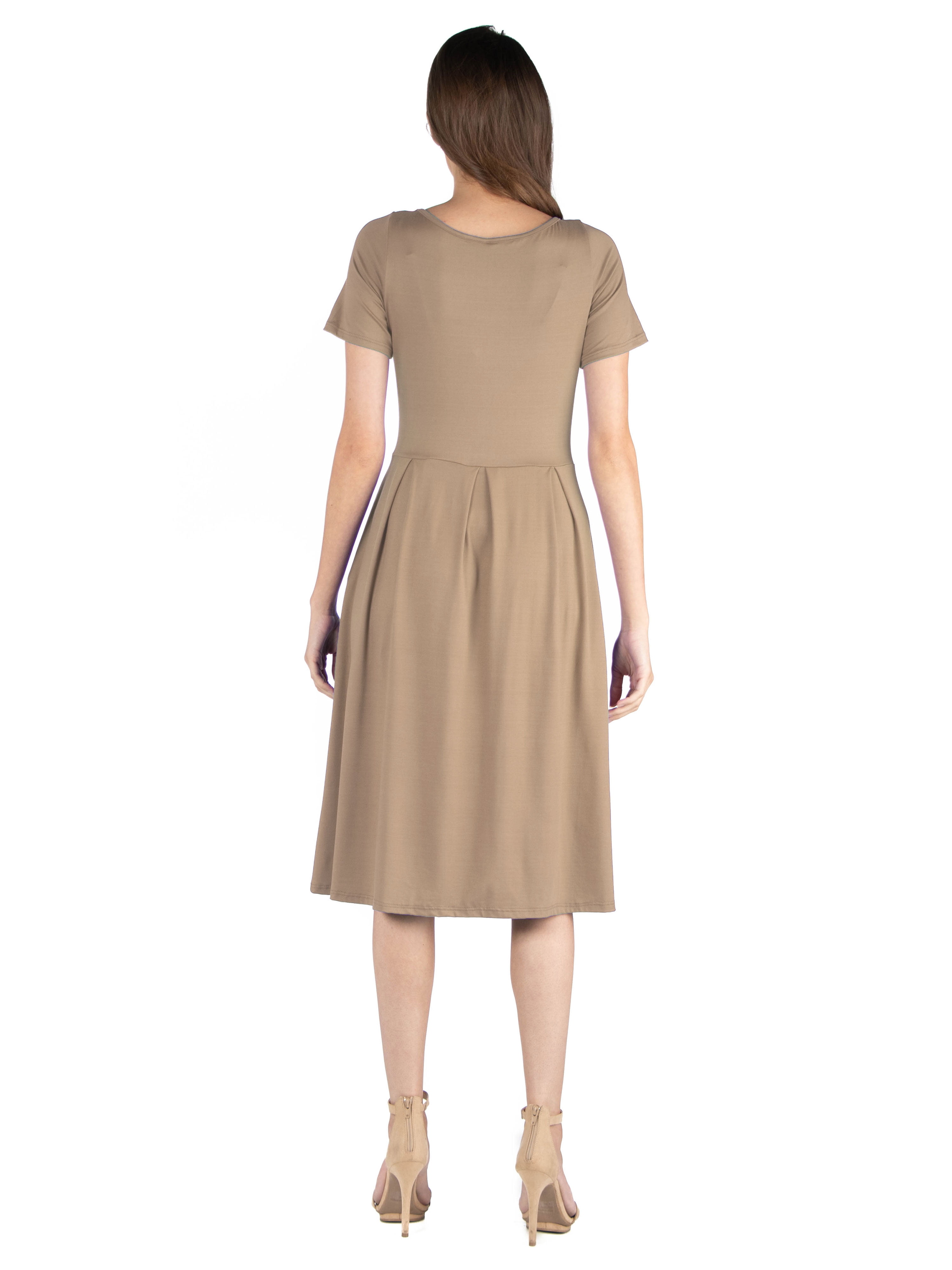 24/7 Comfort Apparel Womens Midi Dress with Short Sleeves and Pocket Detail
