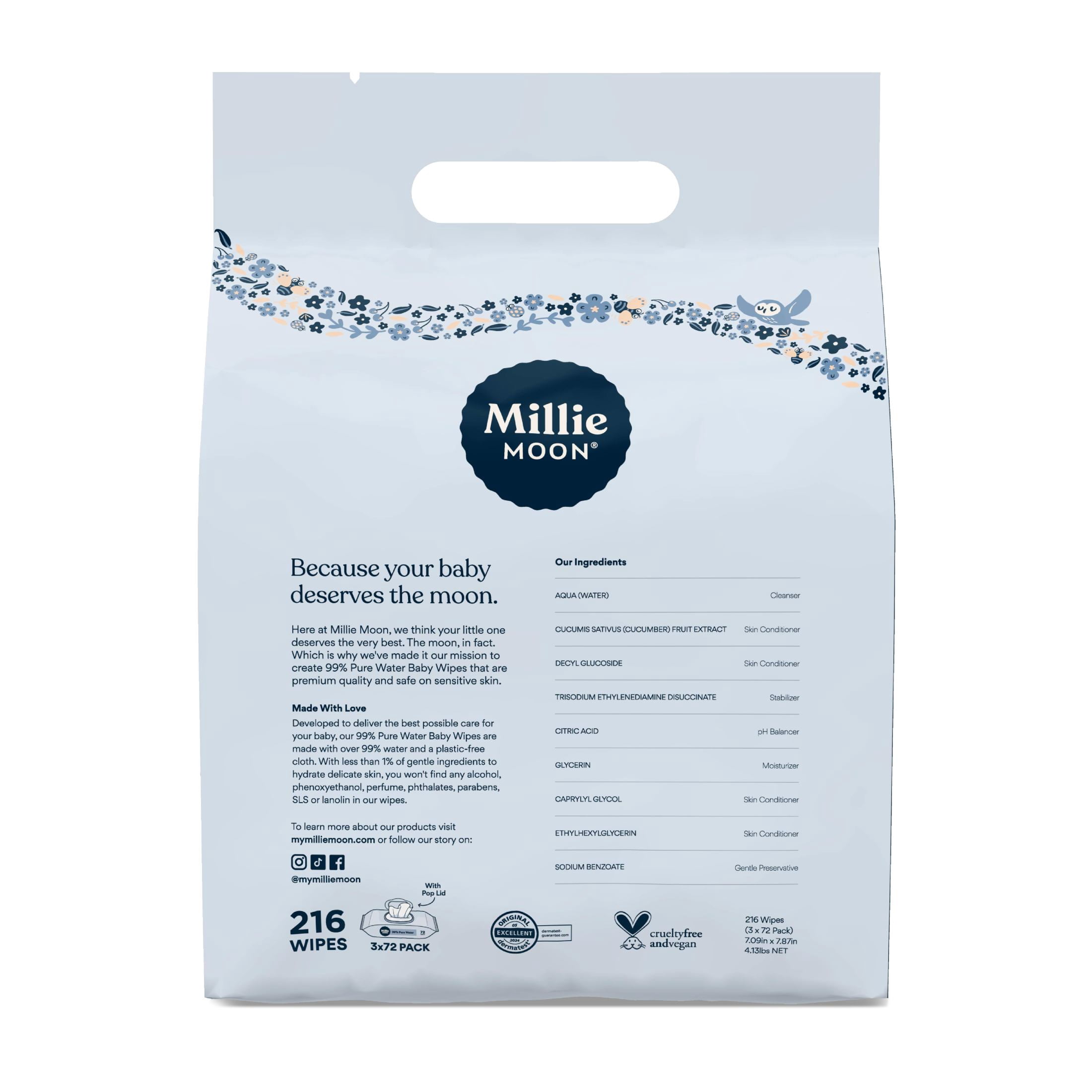 Millie Moon 99% Pure Water Baby Wipes, 216 Count (Select for More Options)