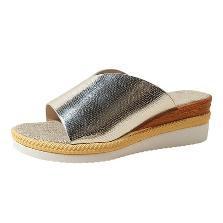 

Ediodpoh Women s Summer Fashion Fish Mouth Slope Heel Thick Bottom Leather Sandals Slippers Casual Comfortable Outing Beach Shoes Womens Slippers Silver 7.5