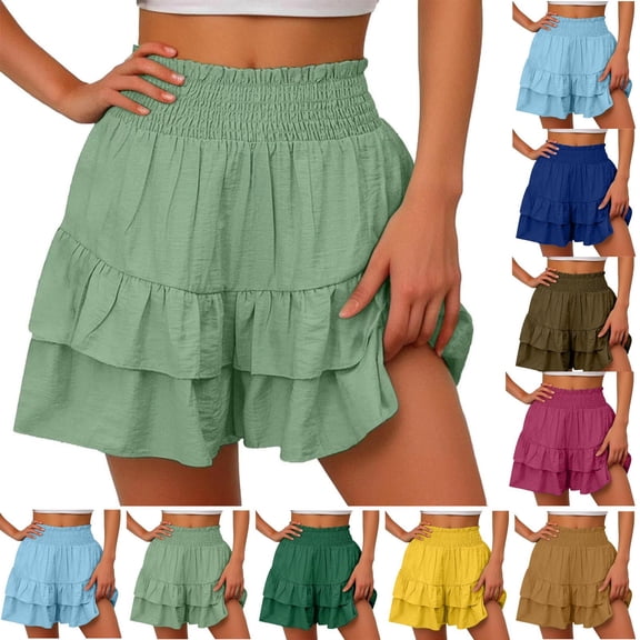 Rvasteizo Women Solid High Waist Linen Mix Shorts Floral Ruched Hem Casual Wear