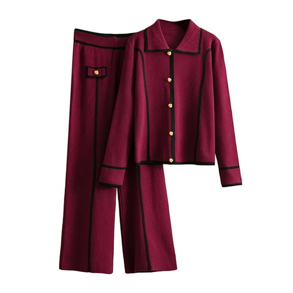 YUGYXL Women's 2 Piece Set Knitted Pullover Sweater Tops Elastic Waist Pants Lapel Collar Blouse Two Piece Set Suit Red Free Size
