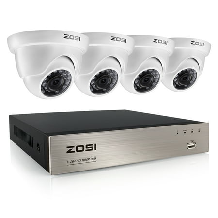 ZOSI 1080p Outdoor Security Camera System, 4 HD Weatherproof Dome Cameras, 8 Channel DVR No Hard