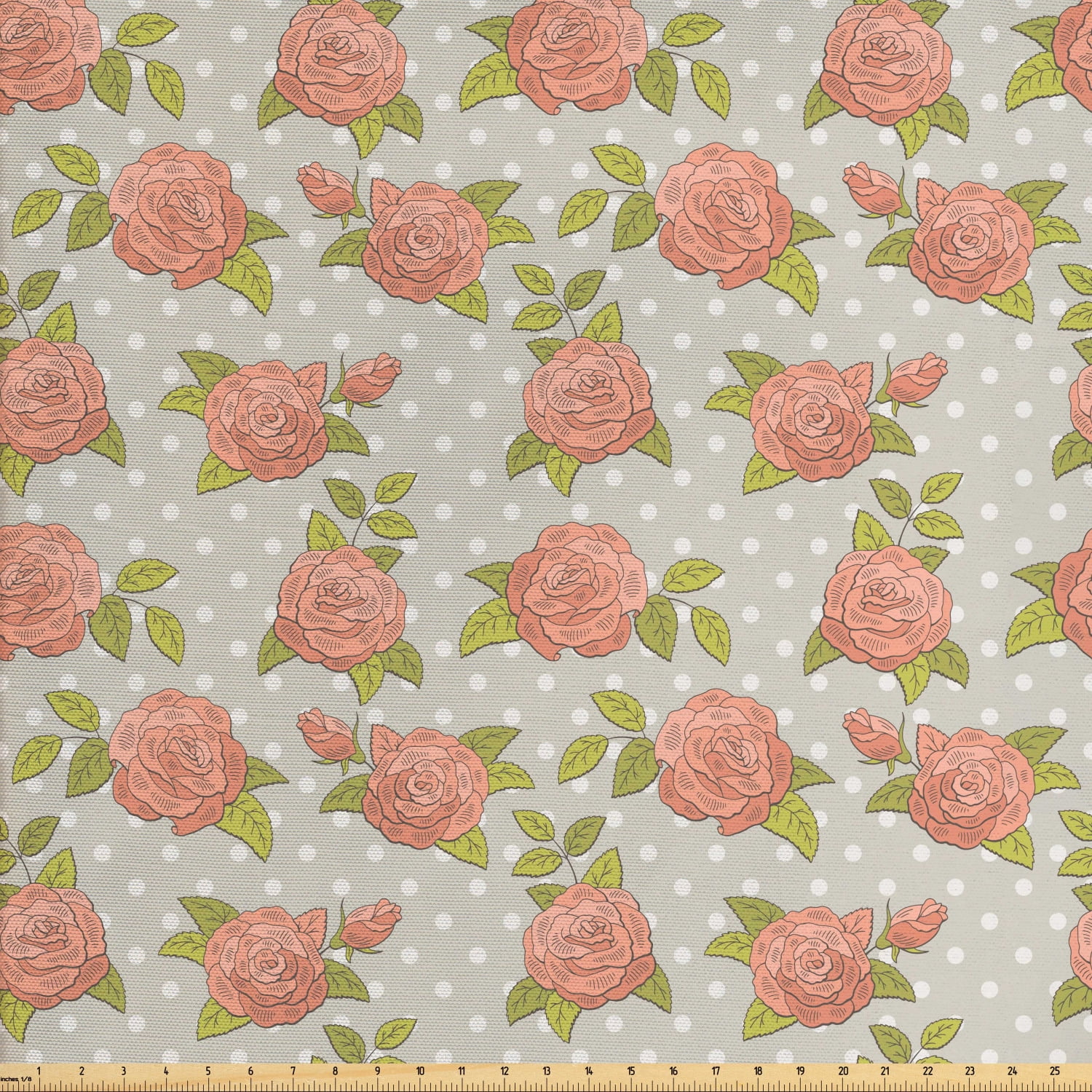 Vintage Rose Fabric by The Yard, Colored Flower Sketch Print on Polka