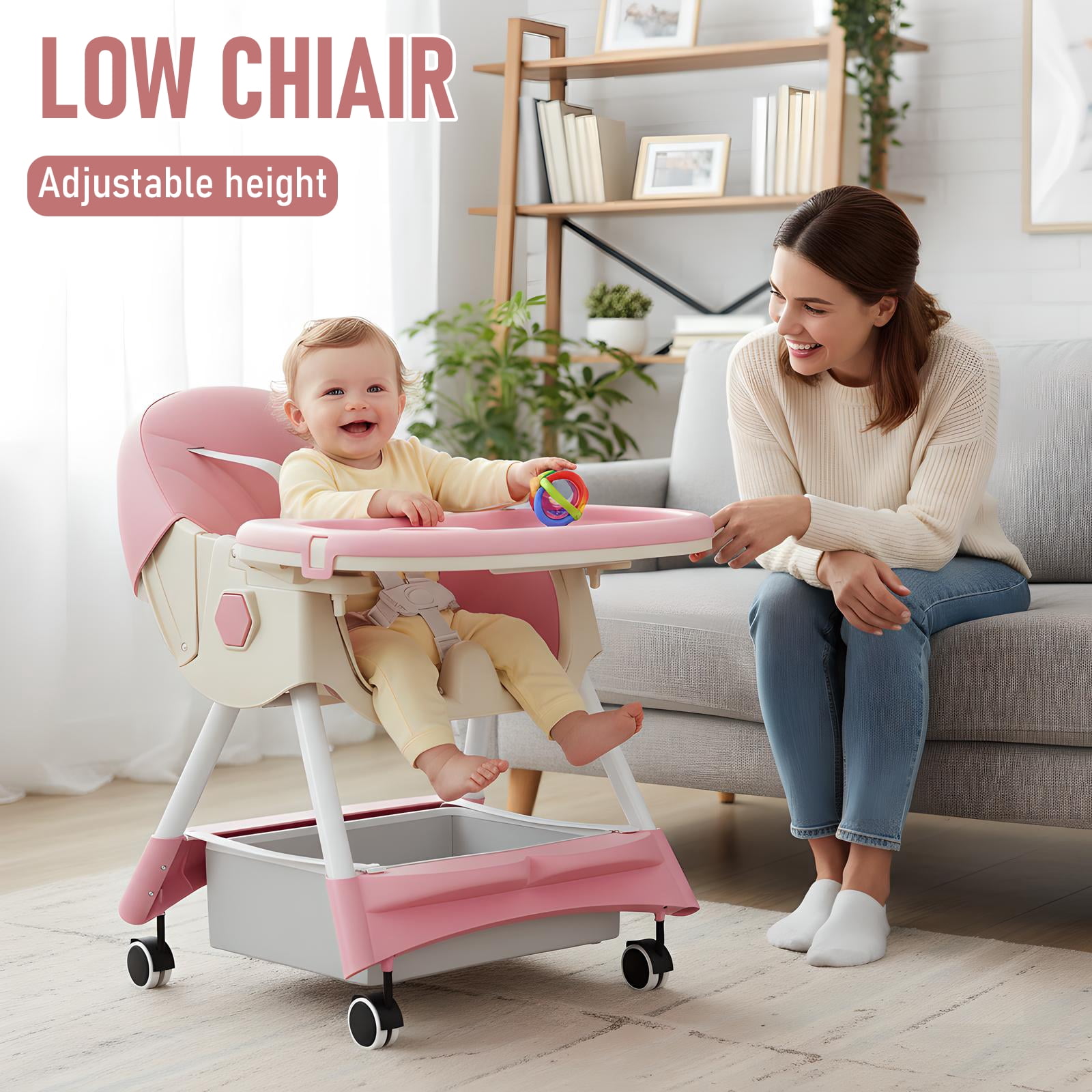 ManyFun 4 in 1 Baby High Chair Portable Toddler Baby Dining Chairs-Dining Booster Seat for Eating-Dinner Plate and Toy Rack,Pink
