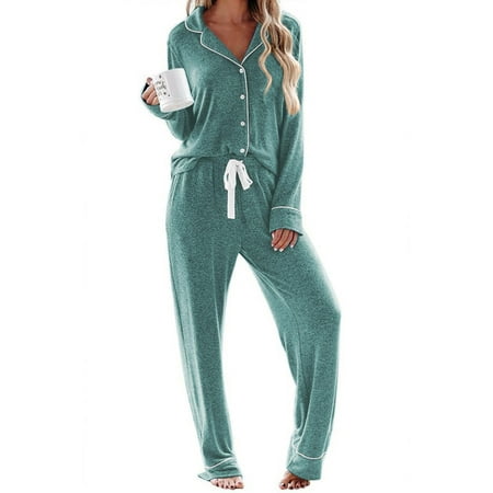 Ekouaer Women s Casual Lounge Set Plus Size Soft Cotton Long Sleeve Pajamas with Pockets Sleepwear Set