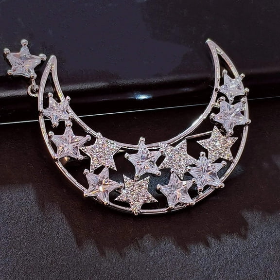 Delicate Silver Tone Opens Outline Moon  CZ Stars Brooch with Star tassel Eclipse Jewelry