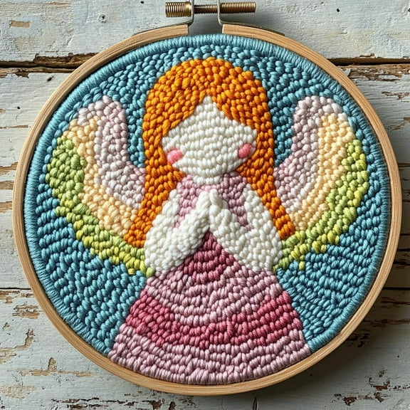 DIY Punch Needle Kits Abstract Praying Angel Easy for Beginners Punch Needle Embroidery Set for Craft lovers with Printed Pattern and Hoop for Home Decor 20x20cm-3