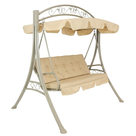 Sunnydaze Outdoor 3-Person Steel Patio Swing with Adjustable Canopy and Tufted Cushions Beige