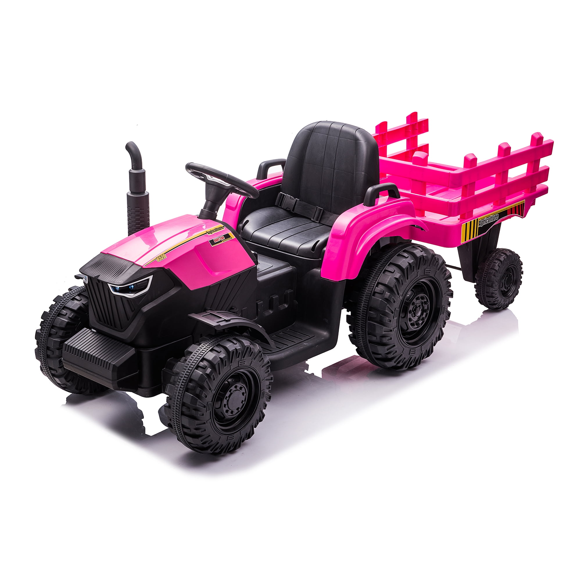 CIPACHO 24V Battery-Powered Toy Tractor with Trailer, Electric Ride On Tractor Car for Kids with USB, LED Lights, Safety Belt, Tractor Sound (No Music), Pink