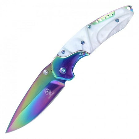 - Spring-Assisted Folding Knife Buckshot White Pearl Tactical Hunter Rainbow Blade