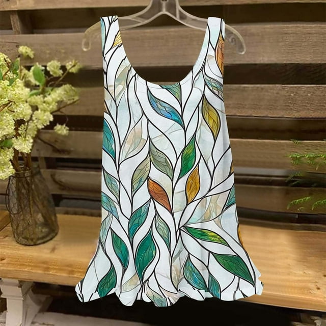 UPPADA Débardeurs pour Femmes Été Décontracté Col Rond Sans Manches Haut T-Shirts à Imprimé Floral Coupe Ample Tunique Basique Chemises Blouses Plissées Fluides Liquidation Vert,m