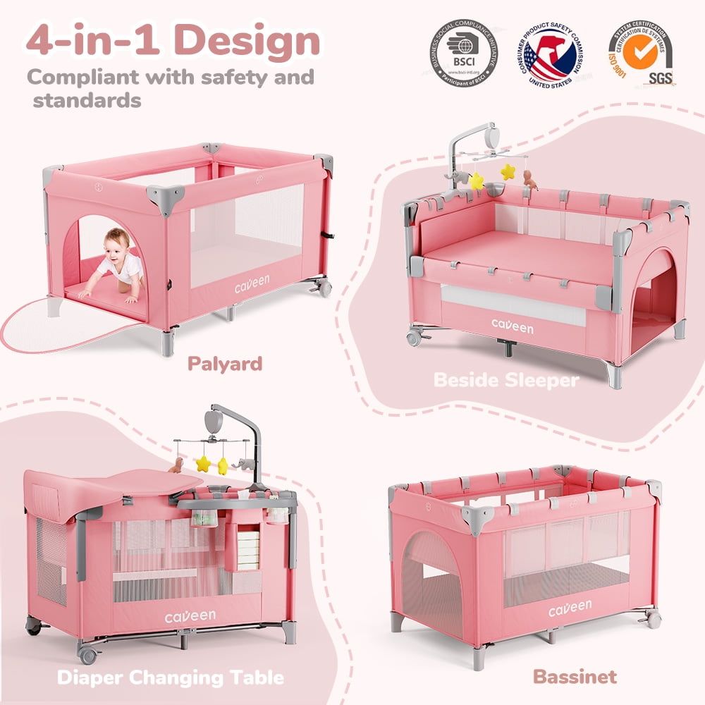 Baby Bassinet, Caveen 5 in 1 Baby Playard with Bassinet, Portable Baby Crib, with Removable Changing Station & Storage Organizer, Pink