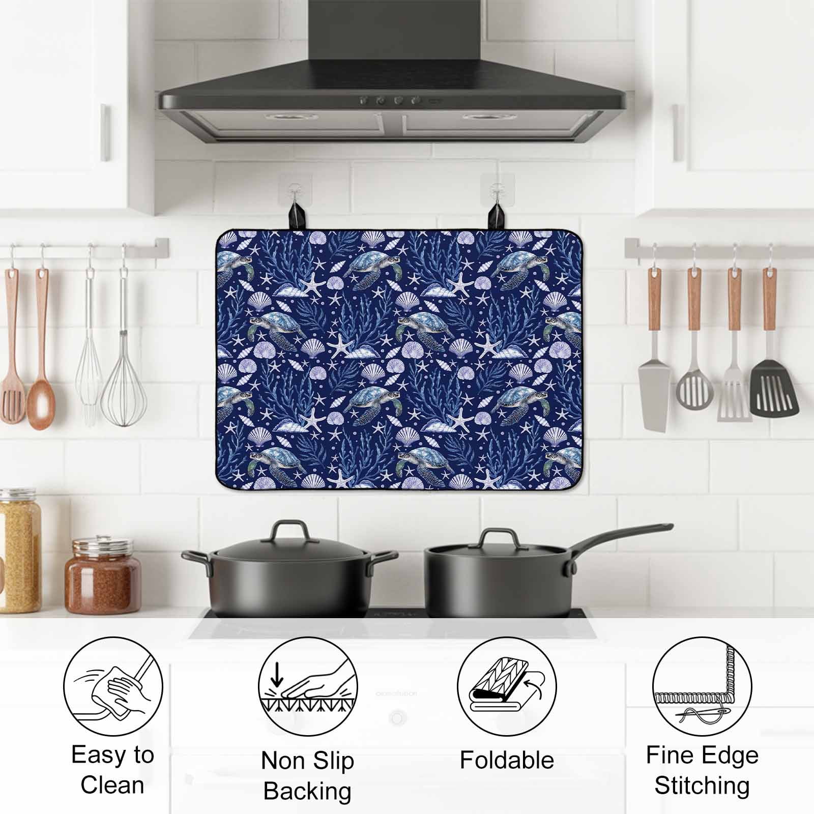 Coastal Turtle Stove Top Cover for Electric Stove, Heat-proof & Non Slip Glass Top Stove Cover Protector, Blue Ocean Starfish Retro Coral Shell Kitchen Flat Cooktop Rubber Mat 24x21 Inches