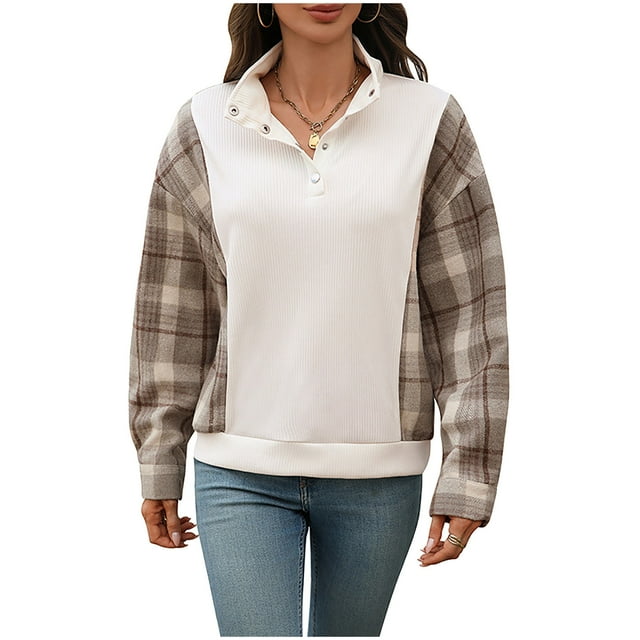 JGGSPWM Womens Checkered Stitching Sweatshirt Casual Long Sleeve Snap Stand Collar Color Block Pullover Tops Beige L