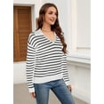 thumbnail image 2 of Womens Sweaters 2025 V Neck Long Sleeve Striped Tops Fall Winter Comfy Knit Clothes Pullover Sweater White & Black L, 2 of 7