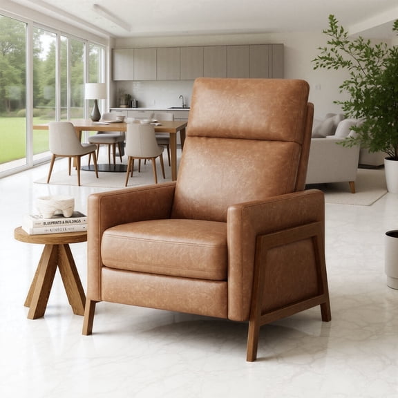 Push Back Recliner Chair, Comfy Armchair PU Leather Living Room Chairs with Wood Legs Adjustable, Cocoa