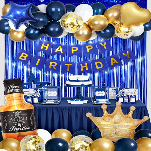 Navy Blue Birthday Decorations for Men with Happy Bithday Banner, Curtains, Bottle, Crown, Heart Star Balloons LED light for Birthday Party Supplies