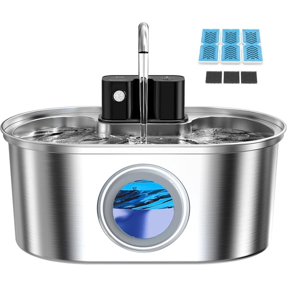 Wireless Cat Water Fountain Stainless Steel, 108oz/3.2L Cordless Battery Operated Pet Water Fountain for Cats Indoor with Quiet Pump, Easy Clean, BPA-Free(3 Filters)