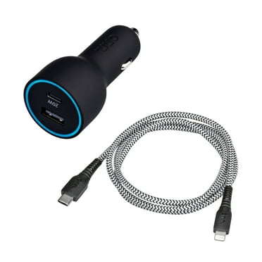onn.32W Dual-Port Car Charging Kit with Lightning to USB-C Cable C Port PD 20W
