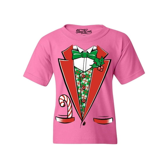 Shop4Ever Kids Christmas Tuxedo Costume with Plaid Vest Graphic Child's Youth T-Shirt X-Large Azalea Pink