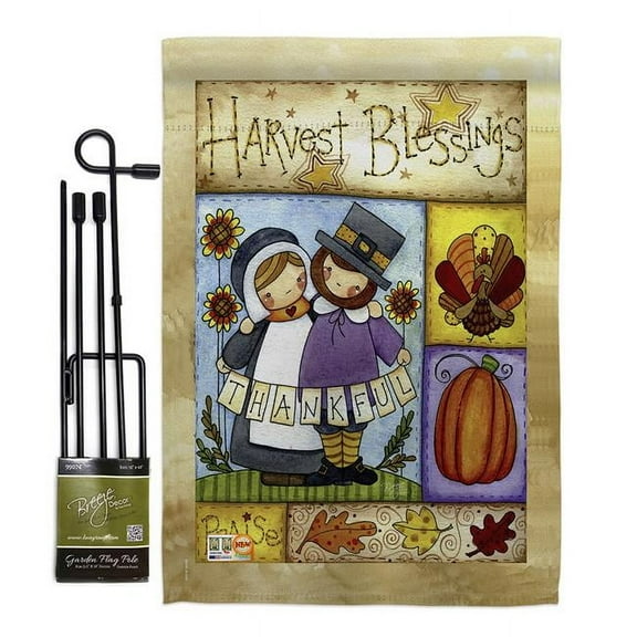Breeze Decor BD-TG-GS-113057-IP-BO-D-US16-AL 13 x 18.5 in. Thankful Pilgrims Fall Thanksgiving Vertical Double Sided Mini Garden Flag Set with Banner Pole