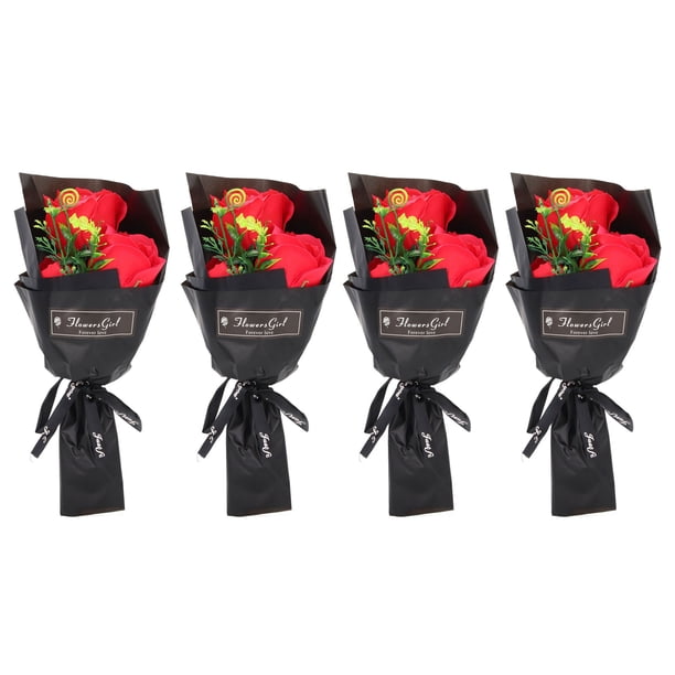 4 piezas de flores de jabón de rosas, exquisito ramo de rosas romántico para el Día de San Valentín, decoración de oficina, regalo festivo