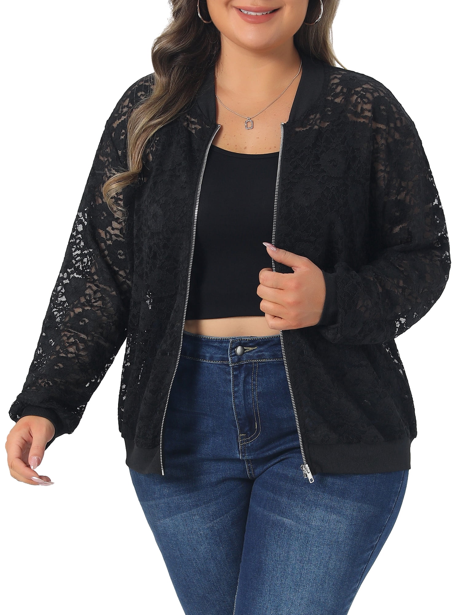 DARING DIVA Women's Plus Lace Zip Up Long Sleeve Lightweight 2X Black