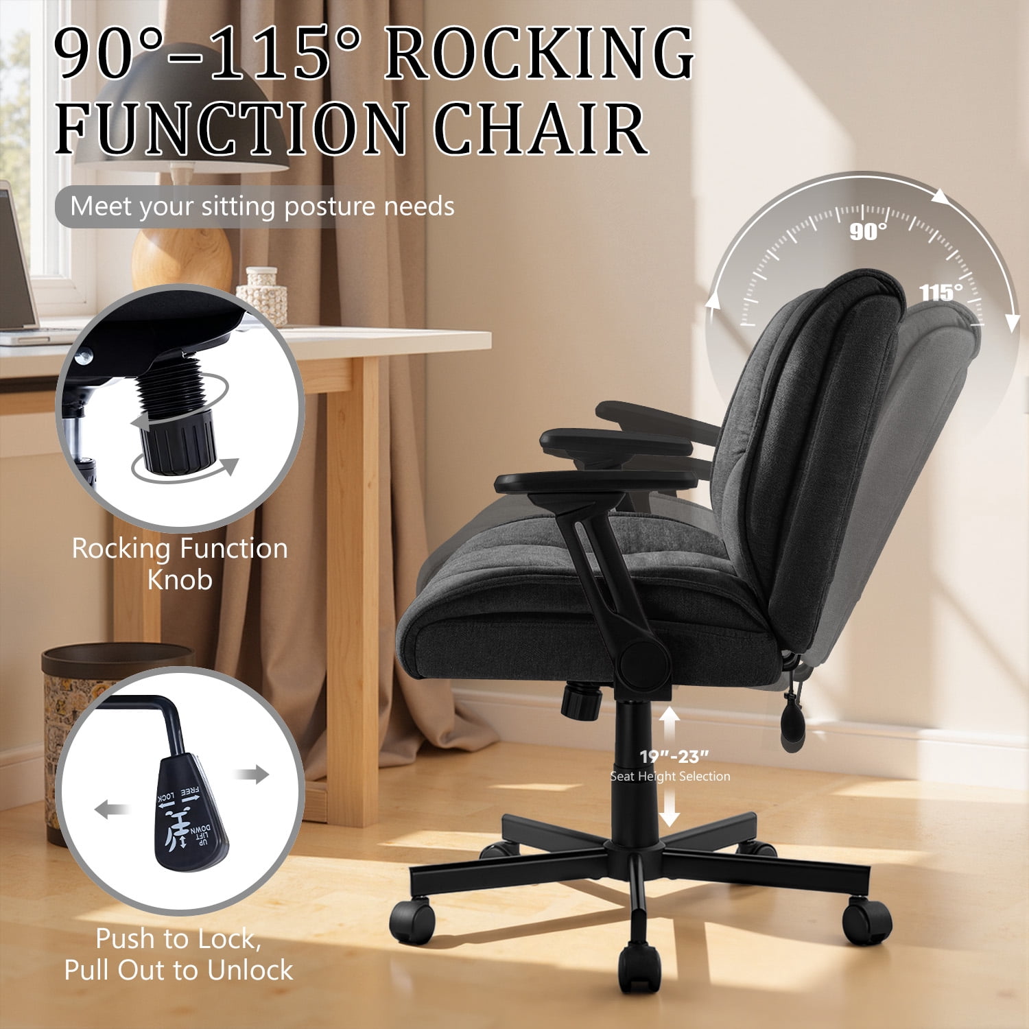 Waleaf Criss Cross Chair with Flip-Up Arms & Airbag Lumbar Support, Adjustable Height, Wide Seat Office Chair on Wheels, for Home Office, Desk, Vanity, Black