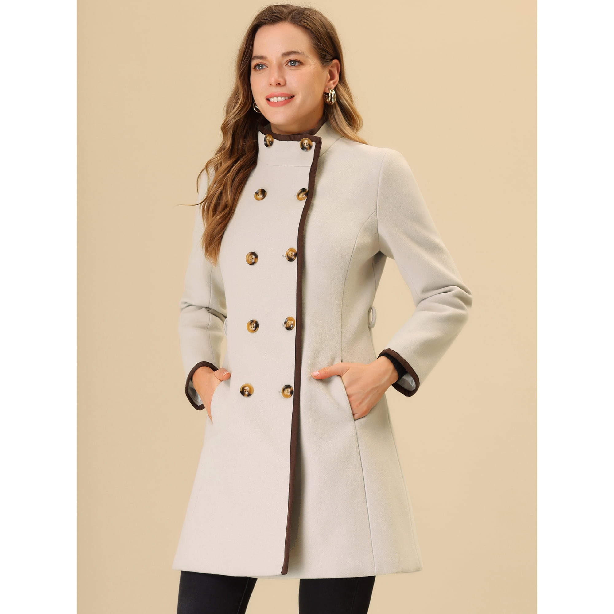 Unique Bargains Women s Double Breasted Stand Collar Winter Belt Long Coat Beige Xl Beige