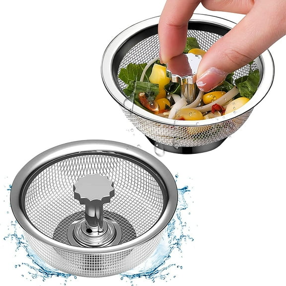 2 Pack Kitchen Sink Strainers, Kitchen Sink Strainer Metal Silver with Handle and Rubber Stopper, 3.3" Diameter Stainless Steel Sink Drain Mesh Strainer