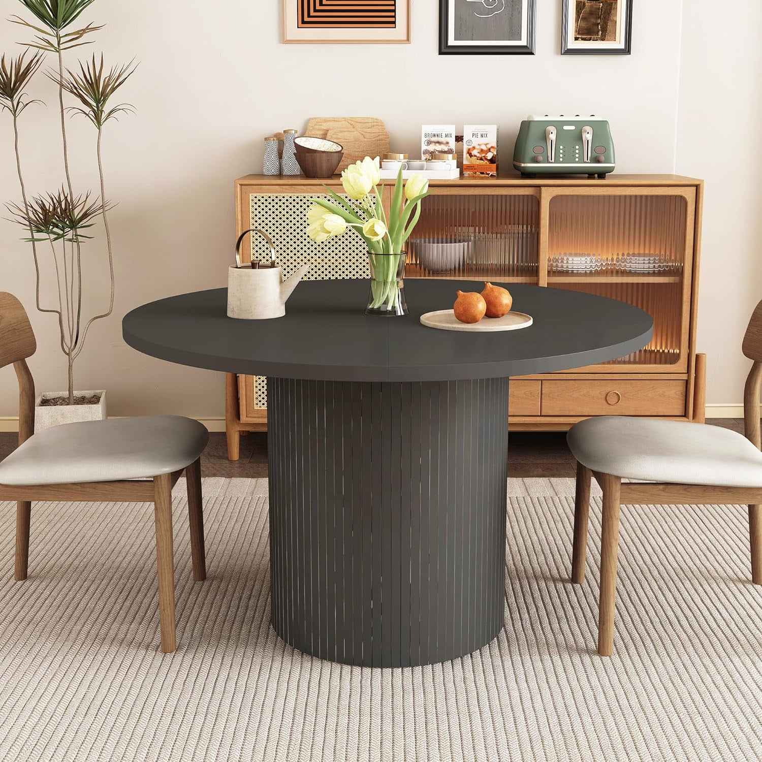 Wirrytor Round Dining Table, Modern Farmhouse Kitchen Table, 47 Inch Coffee Circle Dining Tables with Wood Strip Base for Kitchen Living Room, Black