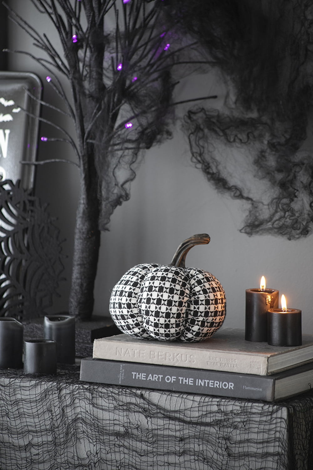 Fabric Black-White Plaid Pumpkin Decor Set of 2 7x7x6.7 Inch Farmhouse Style for Living Room Dining Room