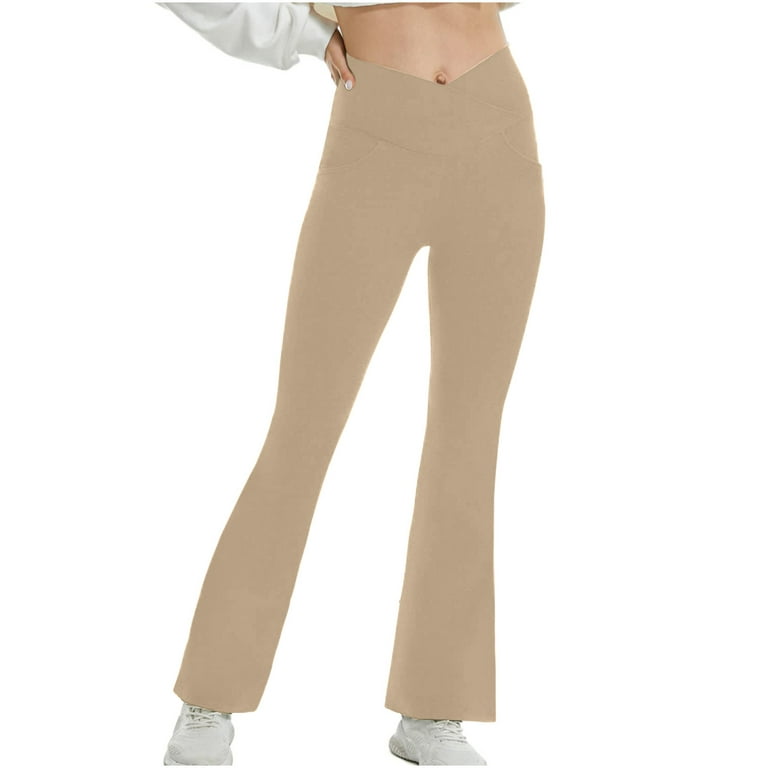 Clearance RYRJJ Women's Bootcut Yoga Pants with Pockets V Crossover High  Waisted Wide Leg Workout Flare Pants Leggings Work Dress Pants(Khaki,S)