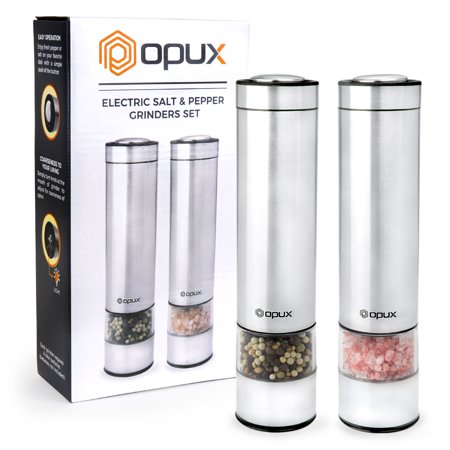 OPUX Battery-Operated Salt and Pepper Grinder Set with LED Light | Electric Stainless