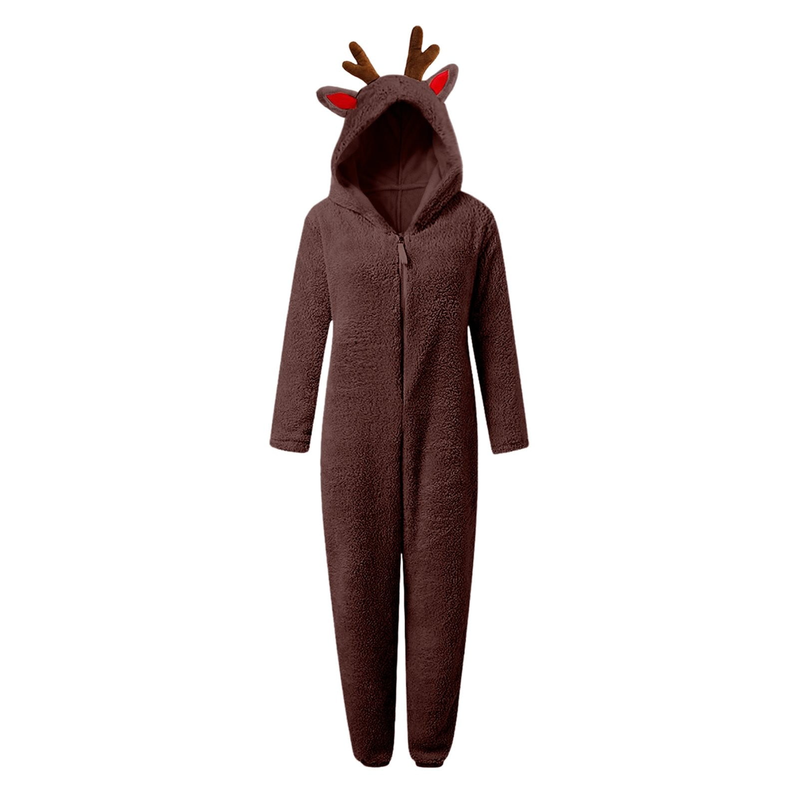 Ruyang Christmas Deer Ears Fleece Jumpsuit for Girls Winter Warm Fuzzy Hooded Onesie Zip Thermal Furry Bodysuit