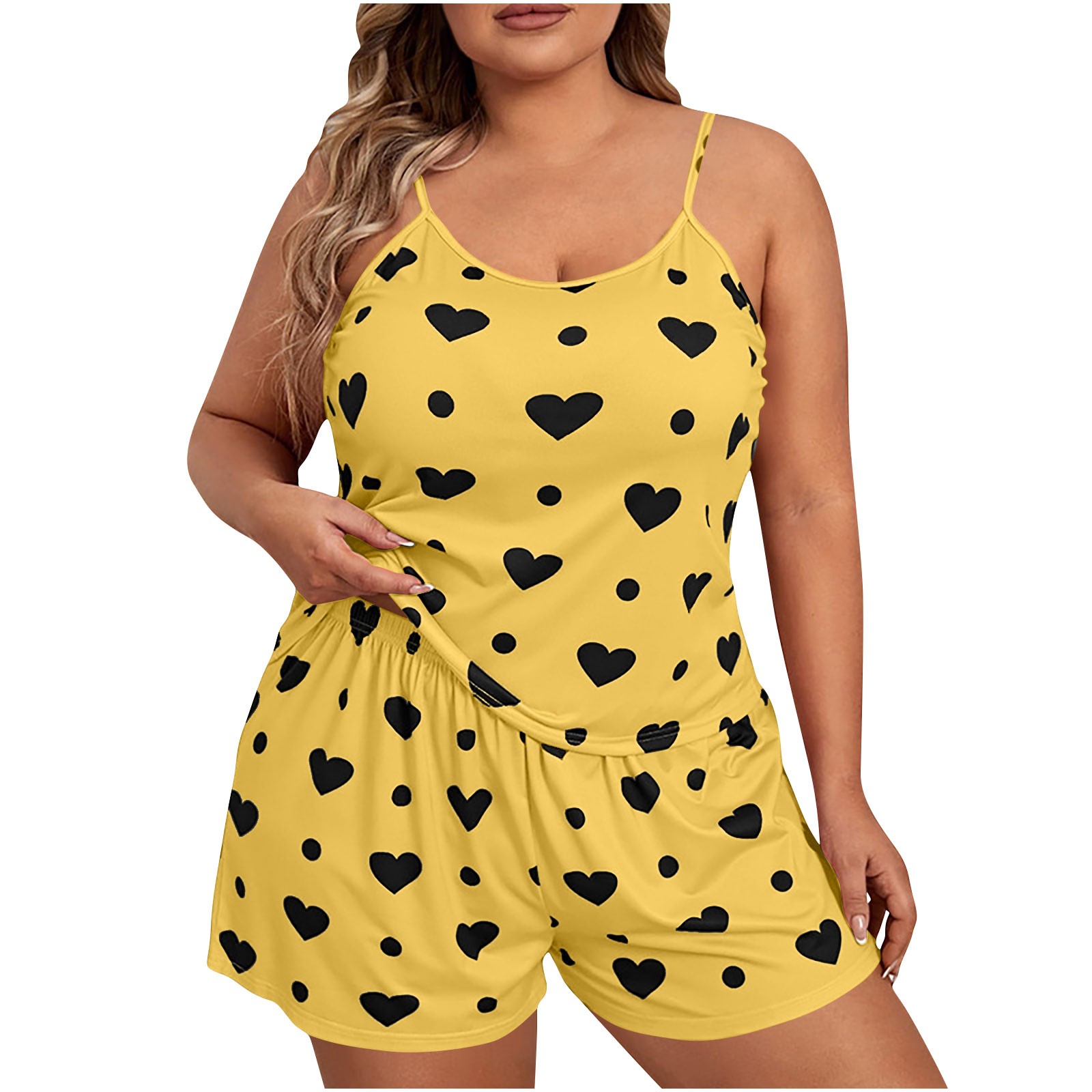 HUJlwoi 2 PC Plus Size Pajama Sets for Women Lightheight Print Cami Tank Top and Loose Shorts Pj Set Sleeveless Loungewear Clothes