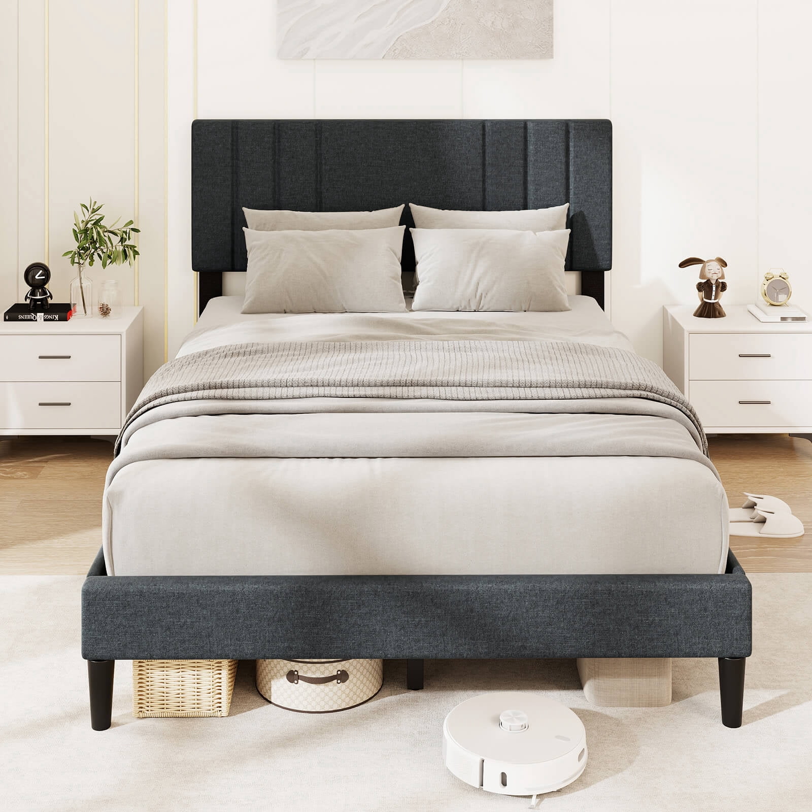 Infans Full Size Bed Frame with Vertical Channel Tufted Headboard & Wooden Slats