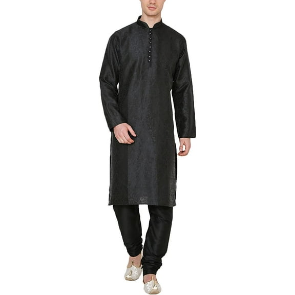 Royal Kurta Men's Black Jacqaurd Silk Kurta Churidar Set